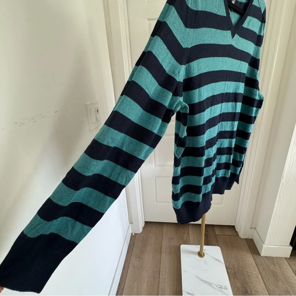 Men's V Neck Blue Green Stripe Long Sleeves Sweater XL Grunge Academia Preppy‎